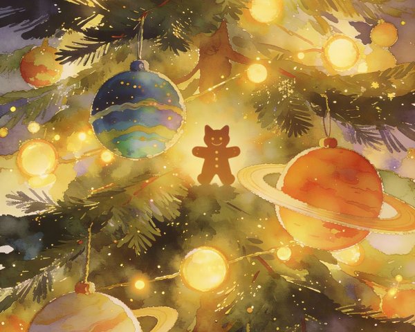 Close-Up of a Decorated Christmas Tree in Watercolor