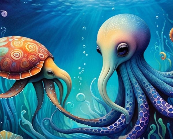 Colorful Underwater Scene with Octopus and Turtle