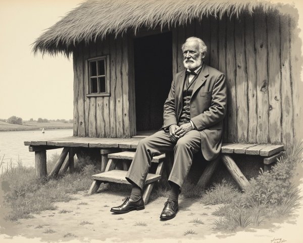 Elderly man in formal suit at rustic cabin steps