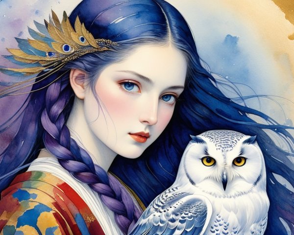 Young woman with blue hair and white owl on arm