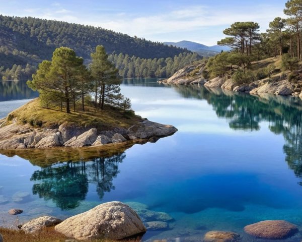 Tranquil Lake with Island and Lush Greenery Landscape
