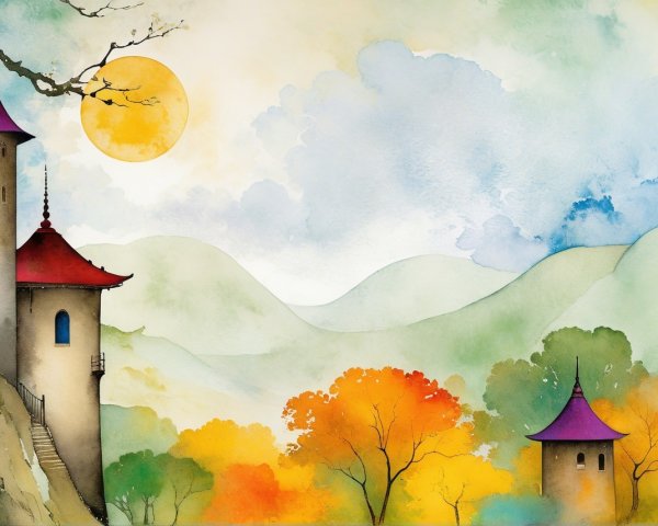 Whimsical Towers in a Serene Autumn Landscape