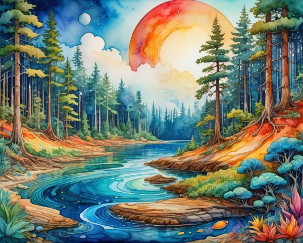 Vibrant Landscape with Winding River and Sunset Hues