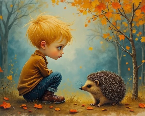 Young Boy and Hedgehog in Autumn Forest Setting