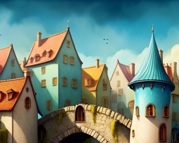 Whimsical Townscape with Colorful Houses and Bridge
