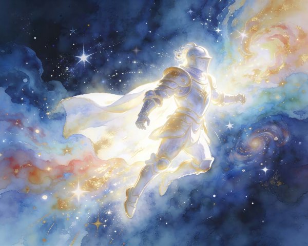 Golden Knight in Armor Floating in Colorful Space