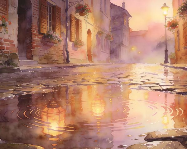 Watercolor of Cobblestone Street at Dusk or Dawn