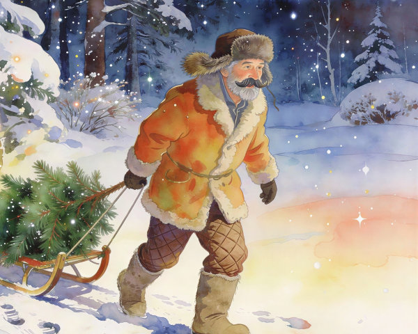 Winter Scene of an Old Man with Pine Tree in Snow