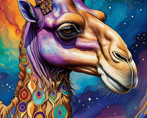Camel with Cosmic Backdrop and Vibrant Patterns