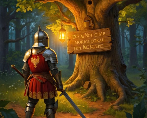 Knight in Armor Before Ancient Tree with Warning Sign