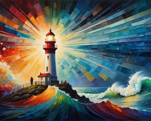 Vibrant Lighthouse on Rocky Shore with Dramatic Waves
