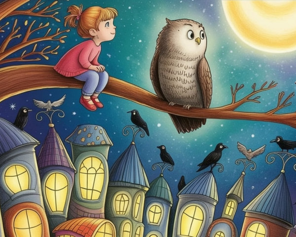 Whimsical Night Scene with Girl, Owl, and Village