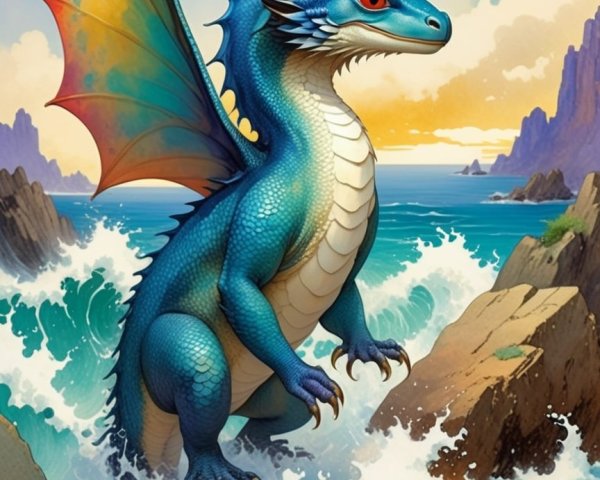 Vibrant Blue Dragon on Rocky Shores with Waves