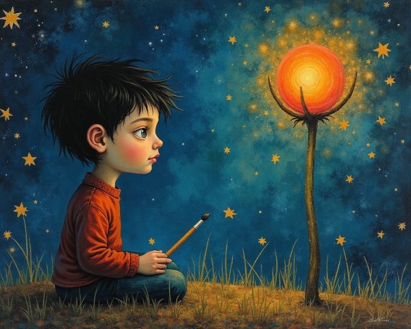 Child in grassy field admiring glowing orb at night