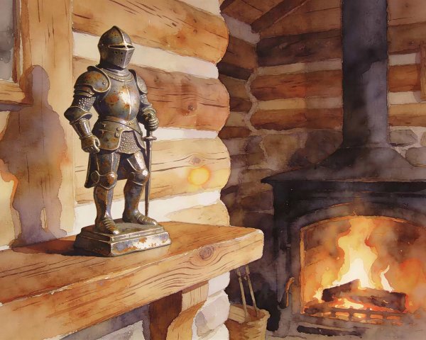 Rustic Watercolor of Knight Statue in Log Cabin Setting
