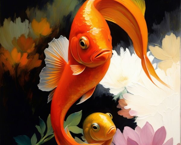 Vibrant Goldfish Surrounded by Floral Elements