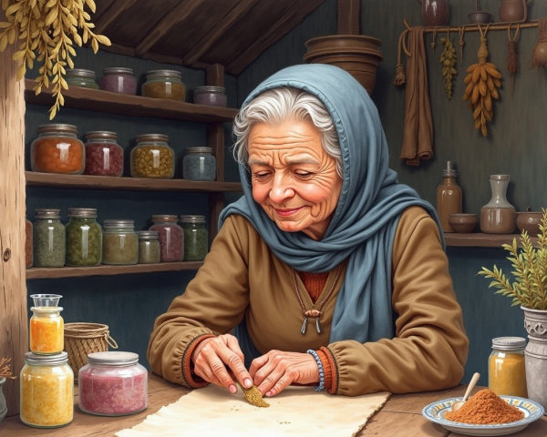 Elderly Woman Grinding Herbs at Rustic Wooden Table