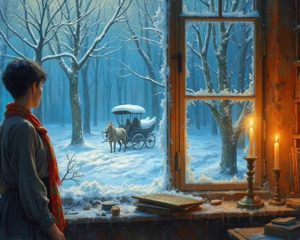 Cozy Winter Scene with Frosted Window and Candles