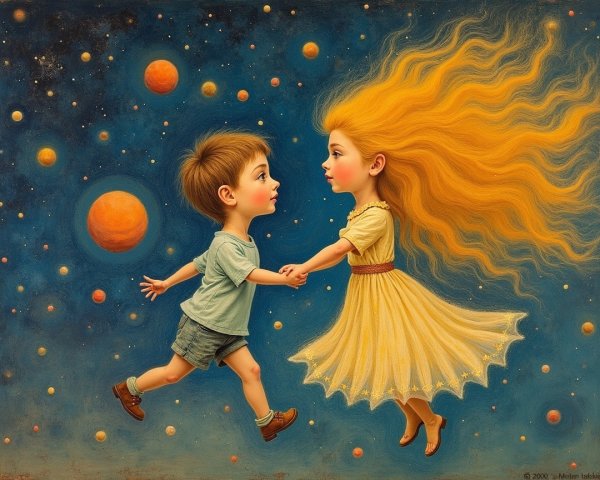 Whimsical Cosmic Scene of Two Children Holding Hands