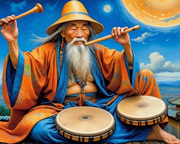 Elderly Man Playing Flute and Drum on Rooftop