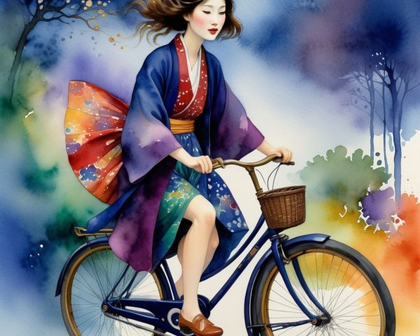 Young woman in colorful kimono riding blue bicycle