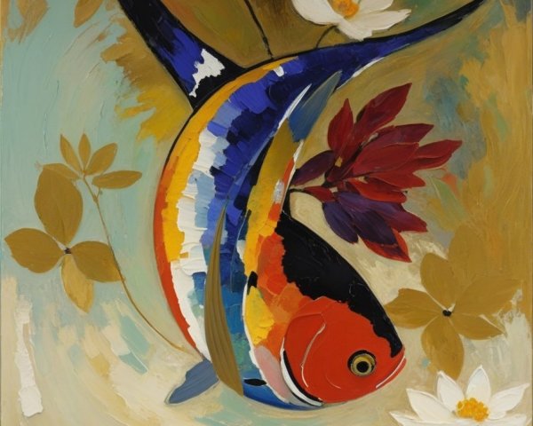 Abstract Painting of a Vibrant Fish and Water Lilies