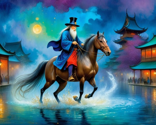 Majestic Wizard Riding Horse in Tranquil Waterway