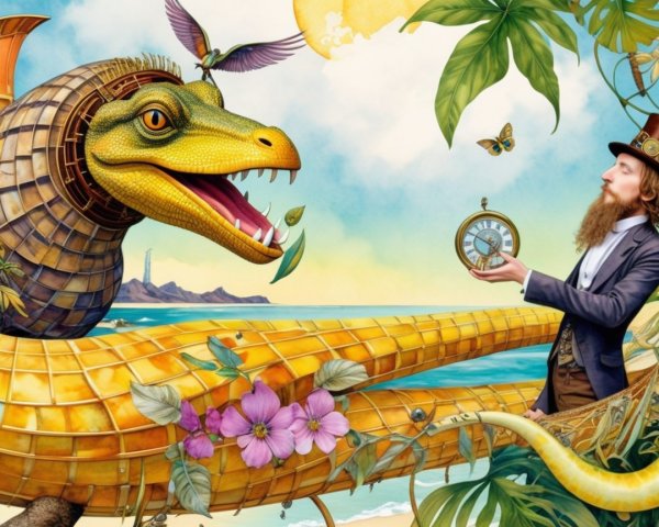 Whimsical Dinosaur Creature with Clockwork Motif at Beach