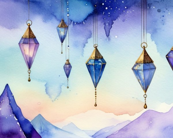 Watercolor Landscape with Lanterns and Pastel Mountains