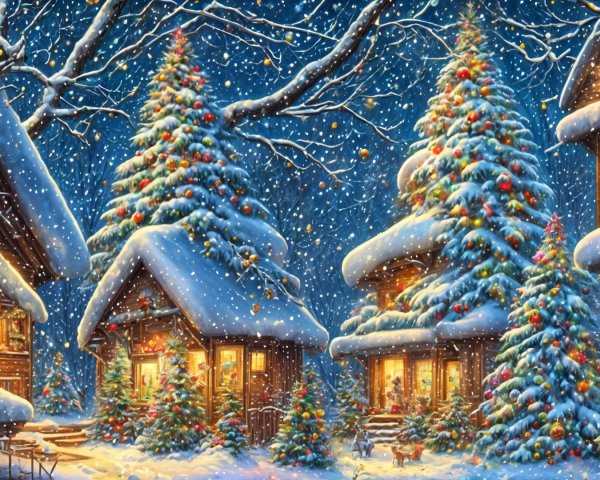 Cozy Winter Scene with Twinkling Lights and Snow