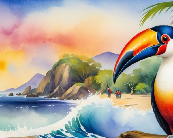 Tropical Scene with Toucan and Serene Sunset