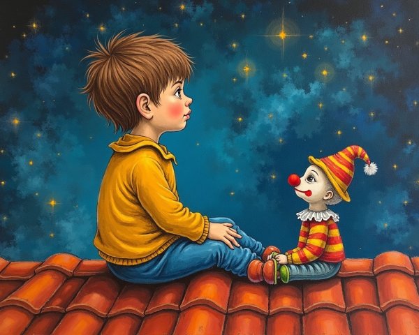 Boy in yellow sweater gazes at clown doll at twilight