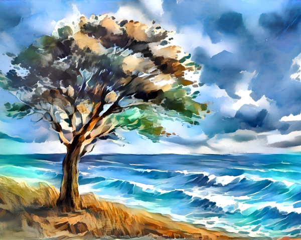 Vibrant Coastal Landscape with Solitary Tree and Ocean