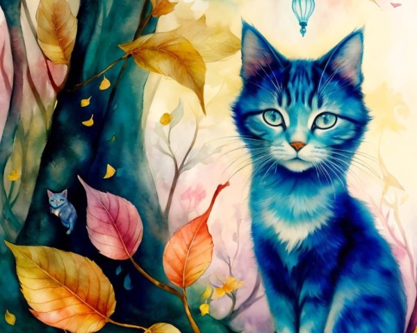 Colorful Illustration of Blue Cat in Autumn Leaves