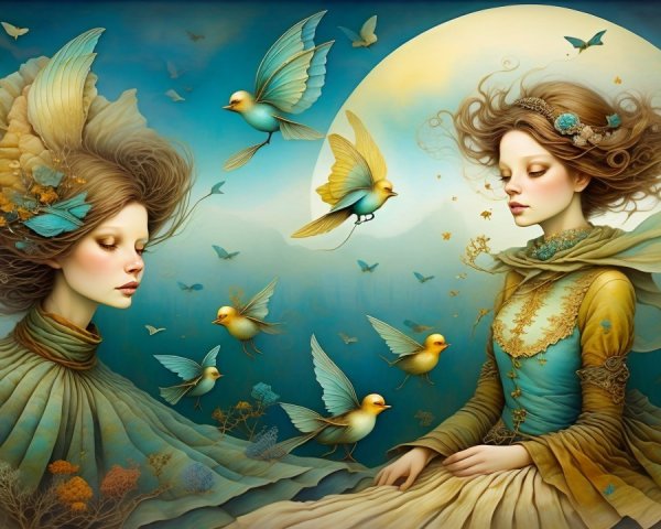 Ethereal Figures Surrounded by Vibrant Birds and Moonlight
