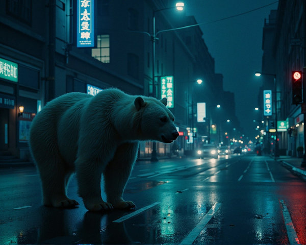White bear on urban street at night with neon lights