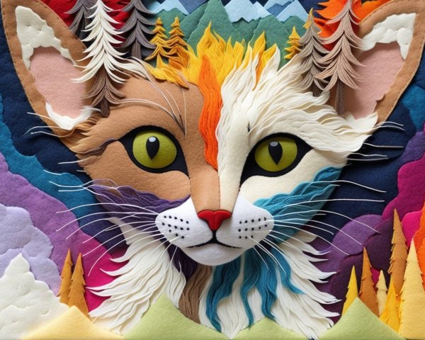 Three-Dimensional Felt Artwork of a Cat's Face