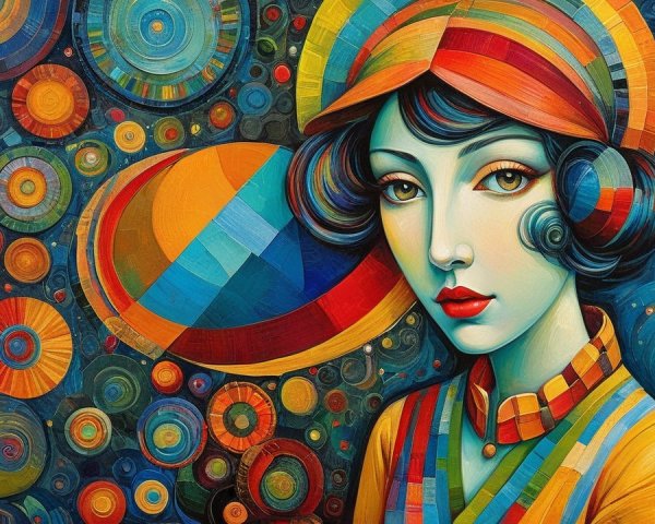Vibrant Abstract Portrait of a Woman with Colorful Headpiece