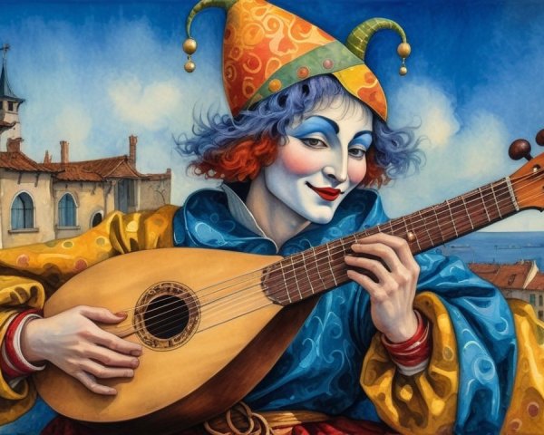 Vibrant Jester Playing Lute in Coastal Setting