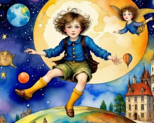Whimsical Illustration of a Boy in a Colorful Landscape