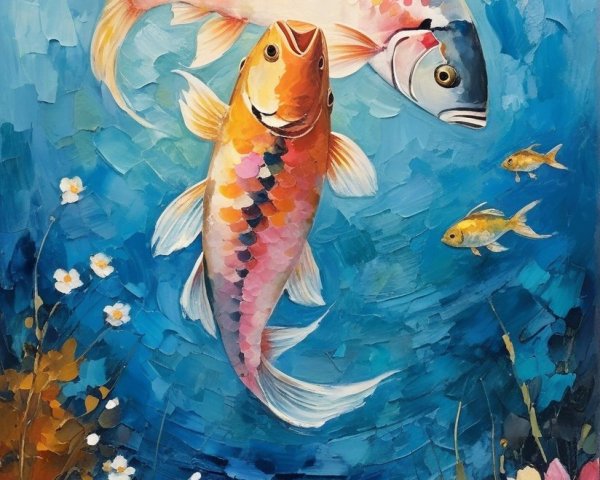 Colorful Koi Fish Painting with Water Lilies and Goldfish