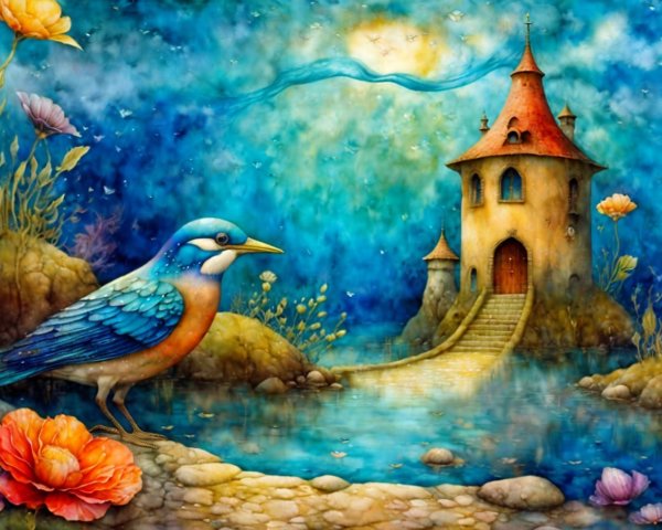 Vibrant Scene of Bird by Pond and Fairytale Castle