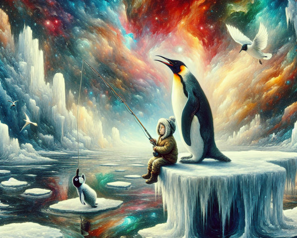 Whimsical Cosmic Scene with Child and Penguin Fishing