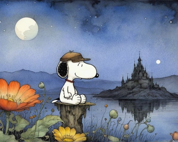 Twilight Scene of Snoopy on Stump with Castle View