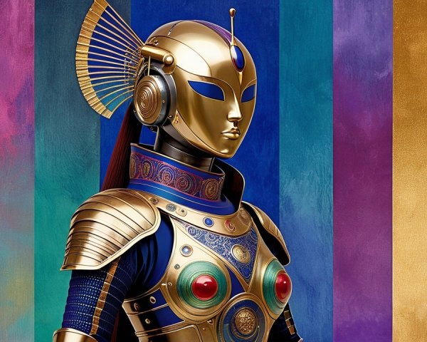 Futuristic Humanoid Figure with Colorful Stripes Background