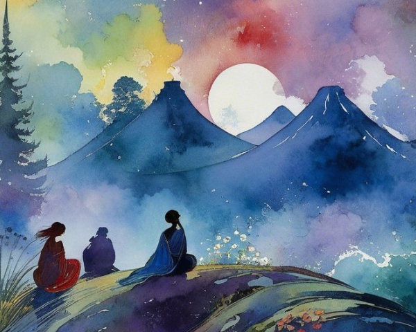 Watercolor Landscape of Twilight with Silhouetted Figures