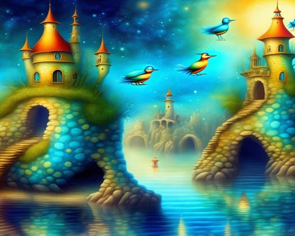 Vibrant Fantasy Landscape with Colorful Towers and Water
