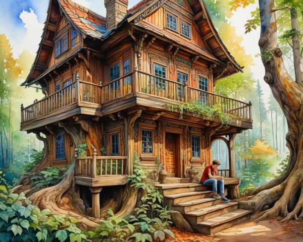 Whimsical Wooden House in Vibrant Forest Setting