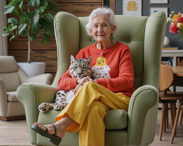 Elderly Woman in Colorful Outfit with Plush Snow Leopard