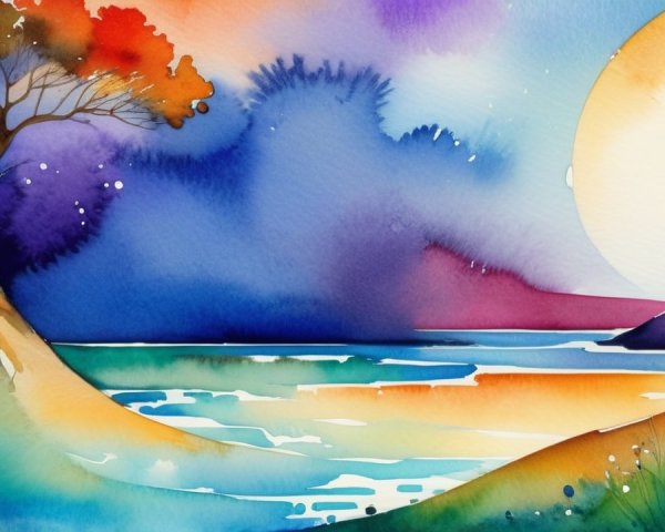 Vibrant Watercolor Landscape with Rolling Hills and Birds